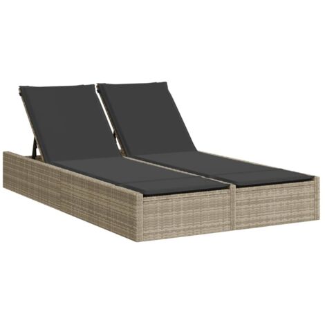 Chaise longue  Transat  Bain de soleil double avec coussins gris clair résine tressée