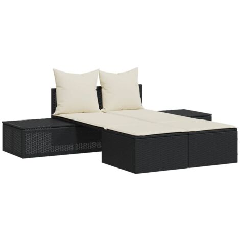 Chaise longue Transat Bain de soleil double avec coussins noir résine tressée