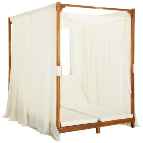 Chaise longue Transat Bain de soleil double avec rideaux et coussins Bois d'acacia