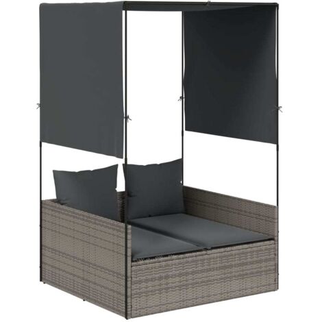 Chaise longue Transat Bain de soleil double avec toit et rideaux gris résine tressée