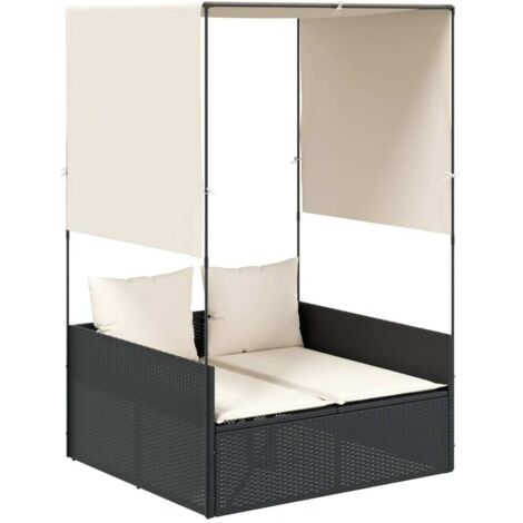 Chaise longue  Transat  Bain de soleil double avec toit et rideaux noir résine tressée