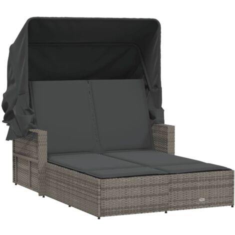 Chaise longue Transat Bain de soleil double et auvent et coussins gris résine tressée