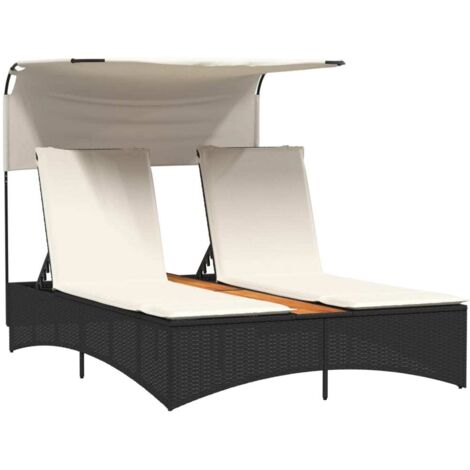 Chaise longue Transat Bain de soleil double et auvent et coussins noir résine tressée