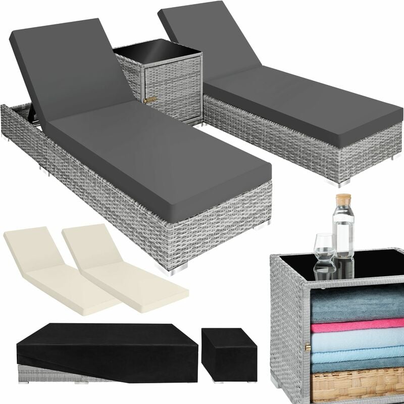 Tectake - Bain de soleil duo 5 positions avec 2 sets de housses + housse de protection - chaise longue, transat bain de soleil, transat jardin - gris