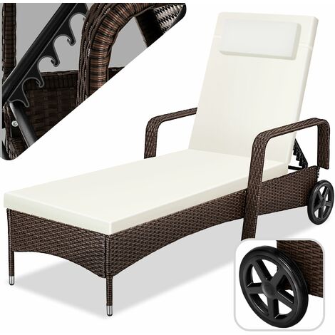Bain de Soleil de Jardin Réglable à Roulettes en Résine Tressée 200 cm x 70 cm x 33 cm Marron + Coussin