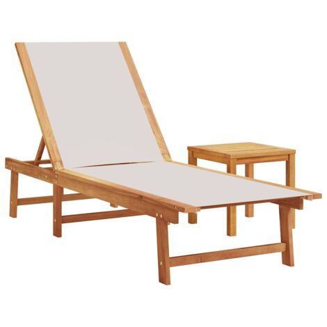 Chaise longue  Transat  Bain de soleil et table gris bois d'acacia solide et textilène