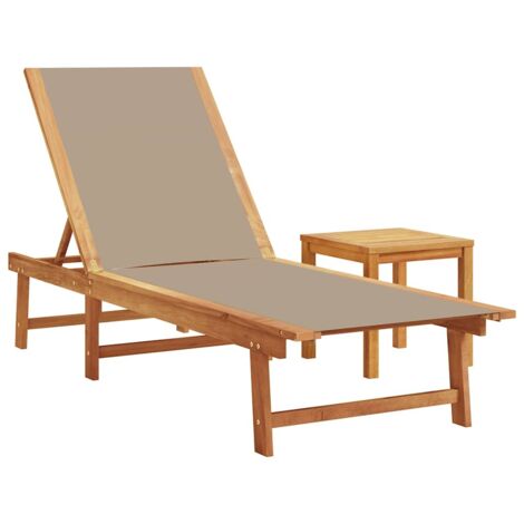 Chaise longue  Transat  Bain de soleil et table taupe bois d'acacia solide et textilène