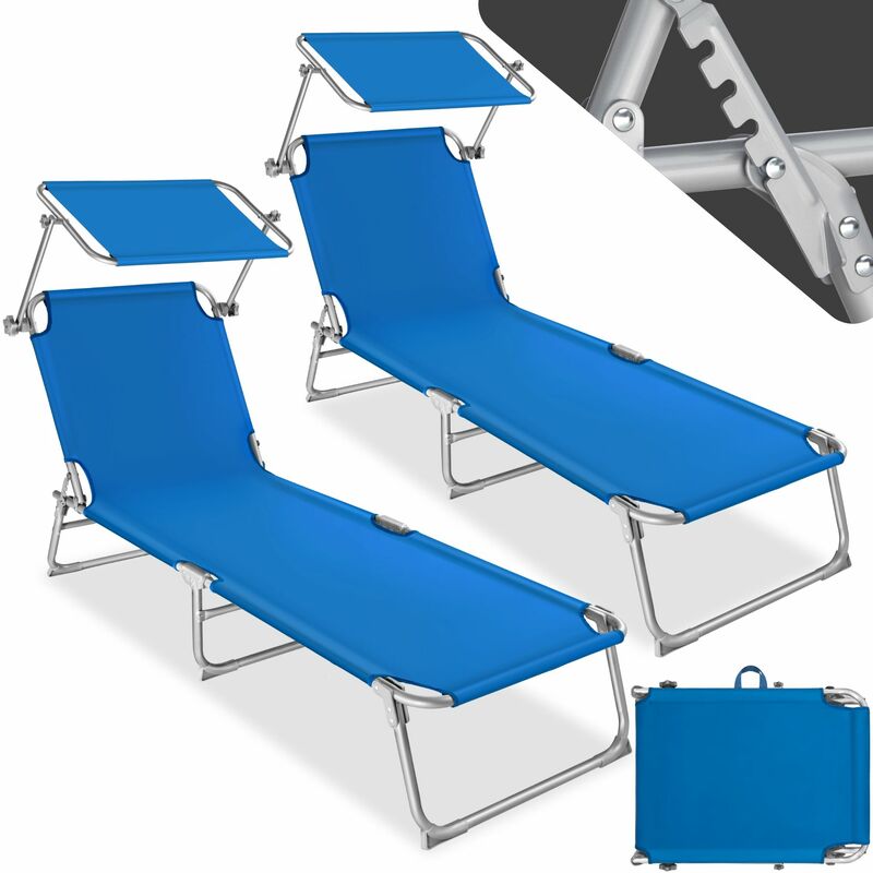 Transat Jardin de Bain Pliant Inclinable avec Pare Soleil en Acier 190 cm Bleu x 2