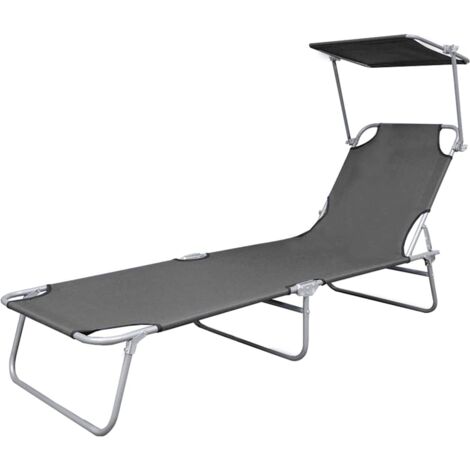 Chaise longue Transat Bain de soleil pliable avec auvent Acier Gris