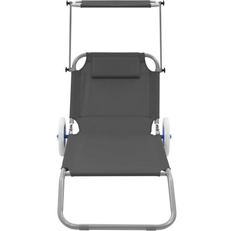 Chaise longue Transat Bain de soleil pliable avec auvent et roues Acier Gris
