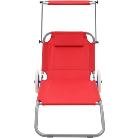 Chaise longue  Transat  Bain de soleil pliable avec auvent et roues Acier Rouge