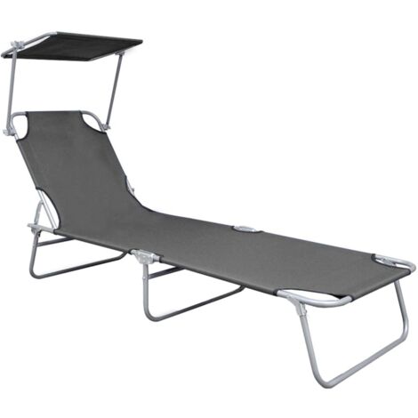 Chaise longue  Transat  Bain de soleil pliable avec auvent Gris Aluminium