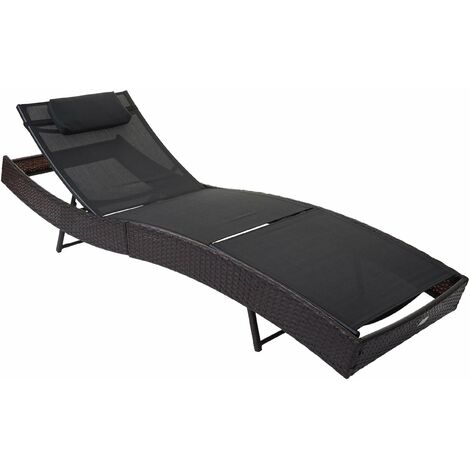 Chaise longue transat bain de soleil pour jardin poly-rotin marron housse noir 040004811