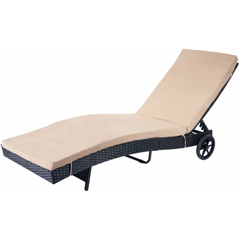 Décoshop26 - Chaise longue transat bain de soleil pour jardin terrasse en poly-rotin anthracite coussin beige