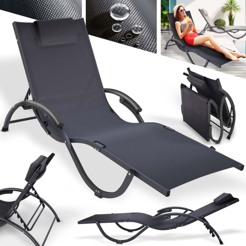 Chaise longue Transat de jardin pliable Dossier 4 positions réglable avec oreiller cervical Anthracite