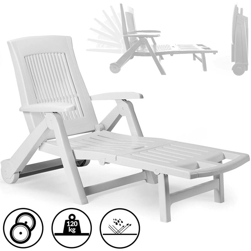 Casaria - Chaise longue Zircone pliable plastique dossier réglable 2 roues aux choix Blanc