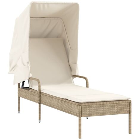 Chaise longue，Bain de soleil，Transat avec auvent beige résine tressée CFW45984