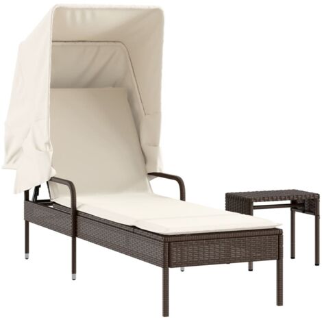 Chaise longue，Bain de soleil，Transat avec auvent et table marron résine tressée CFW95711
