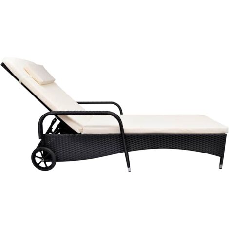 Chaise longue，Bain de soleil，Transat avec coussin et roues Résine tressée Noir CFW87859