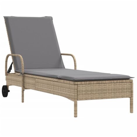 Chaise longue，Bain de soleil，Transat avec roues et coussin beige résine tressée CFW85771