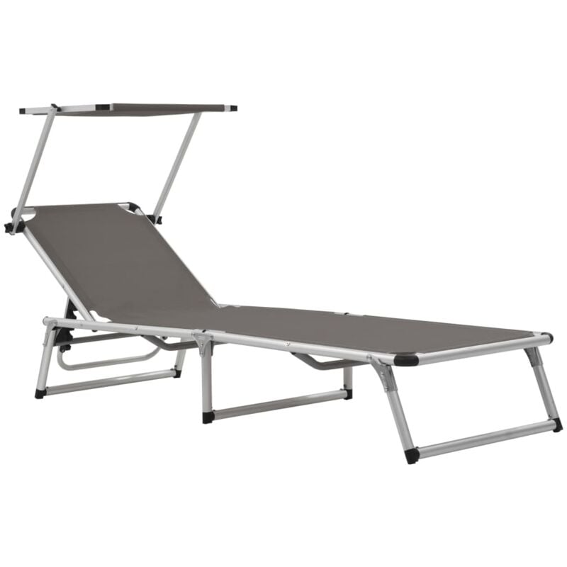 Chaise longue，Bain de soleil，Transat de relaxation pliable avec toit aluminium et textilène gris CFW72222