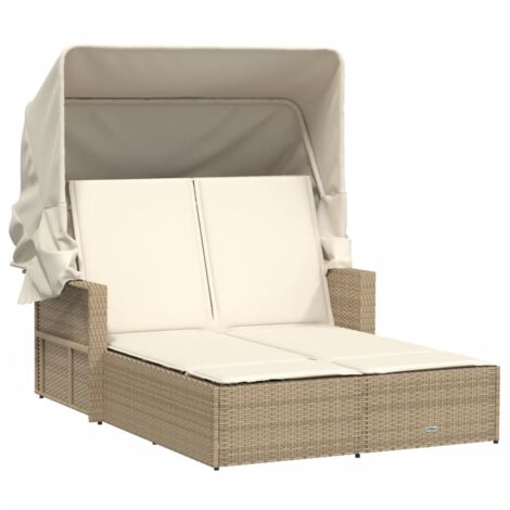 Chaise longue，Bain de soleil，Transat double avec auvent et coussins beige poly rotin CFW85791