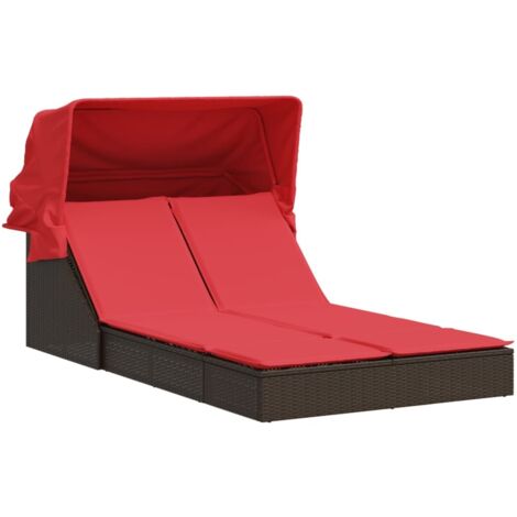 Chaise longue,Bain de soleil,Transat double avec auvent et coussins marron poly rotin CFW92873