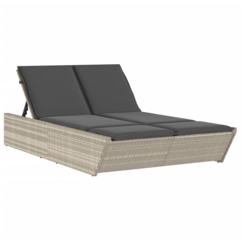 Chaise longue，Bain de soleil，Transat double avec coussins gris clair résine tressée CFW73332
