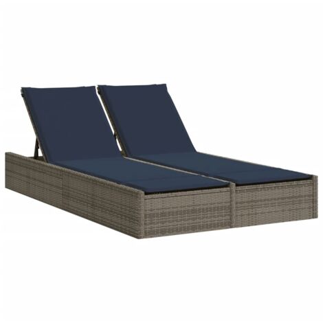Chaise longue,Bain de soleil,Transat double avec coussins gris résine tressée CFW76657