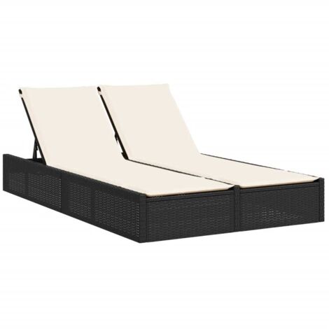 Chaise longue，Bain de soleil，Transat double avec coussins noir résine tressée CFW71965