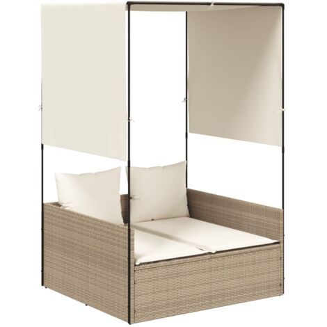 Chaise longue，Bain de soleil，Transat double avec toit et rideaux beige résine tressée CFW21015