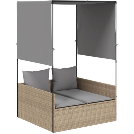 Chaise longue，Bain de soleil，Transat double avec toit et rideaux beige résine tressée CFW77445