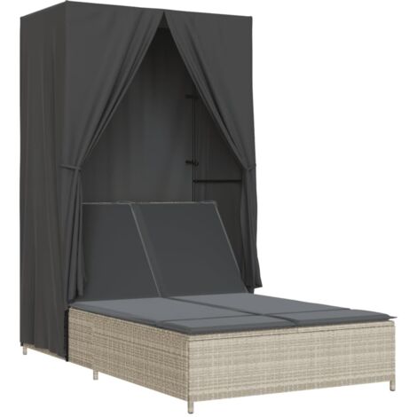 Chaise longue，Bain de soleil，Transat double avec toit et rideaux gris clair poly rotin CFW12509