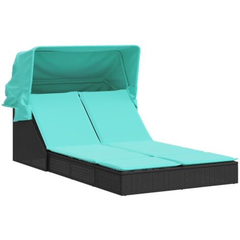 Chaise longue,Bain de soleil,Transat double et auvent et coussins noir résine tressée CFW44604
