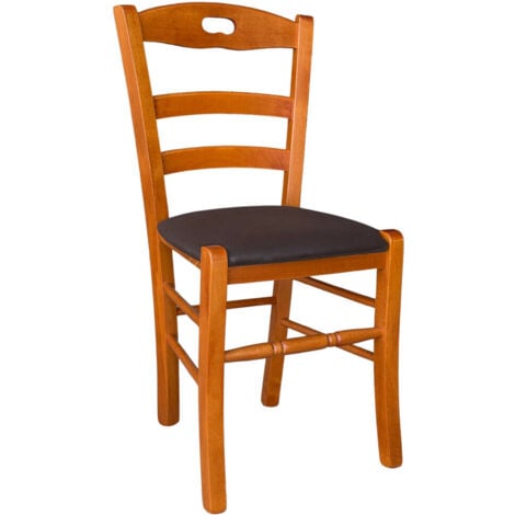Chaise Loris en merisier avec assise en simili-cuir marron