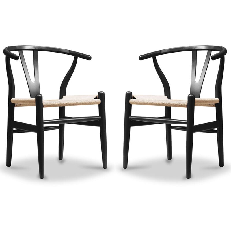 lot de 2 chaises de salle à manger en bois - style scandinave - wish noir - corde, bois de hêtre - noir