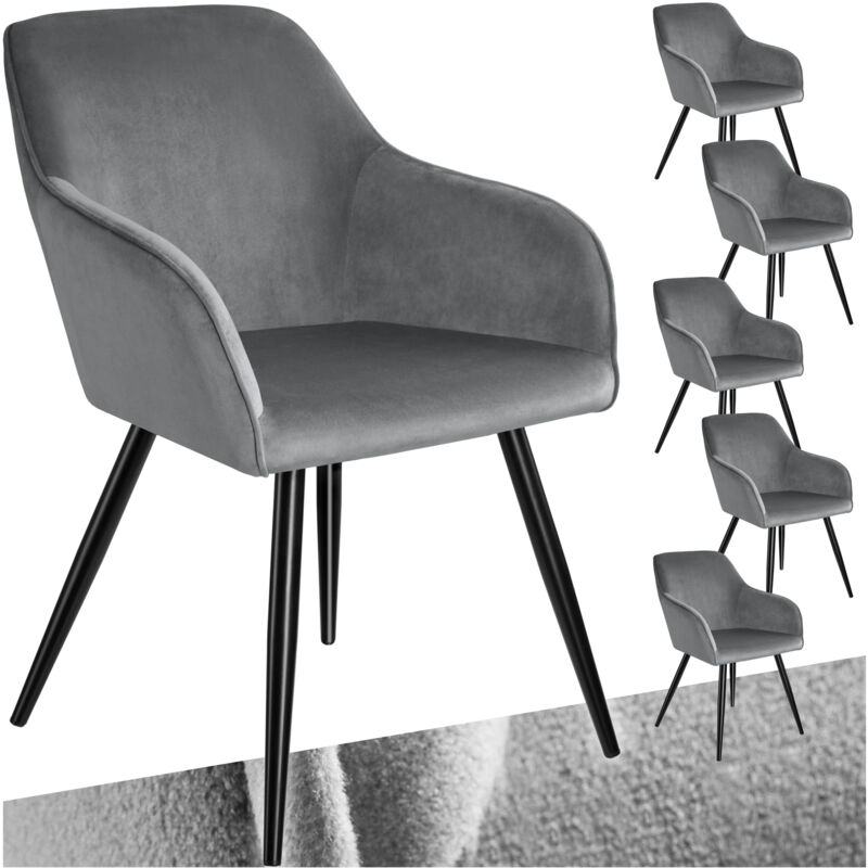 Tectake - Ensemble de 6 chaises rembourées effet velours ergonomiques gris/noir