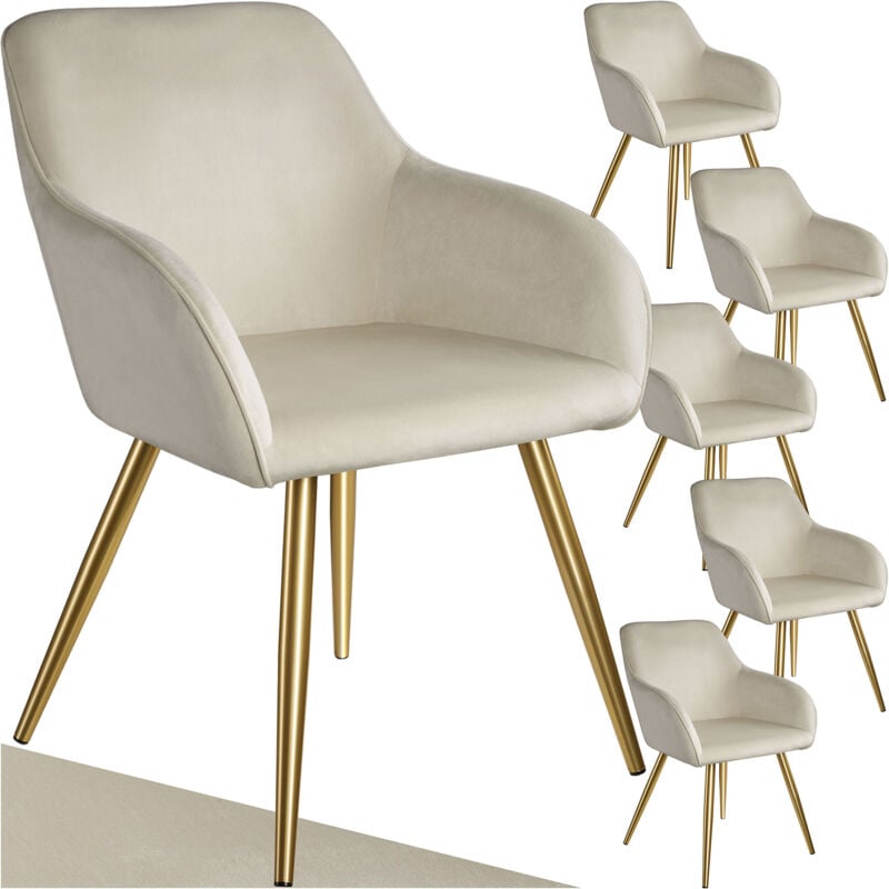 Tectake - Ensemble de 6 chaises rembourrées aspect velours crème et or