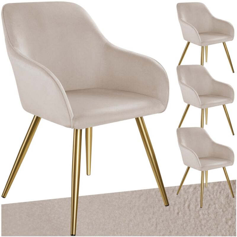 Tectake – Ensemble de 4 chaises rembourrées velours taupe/or – Accoudoirs confortables – Dimensions 58x62x82 cm – Capacité 120 kg – Montage facile