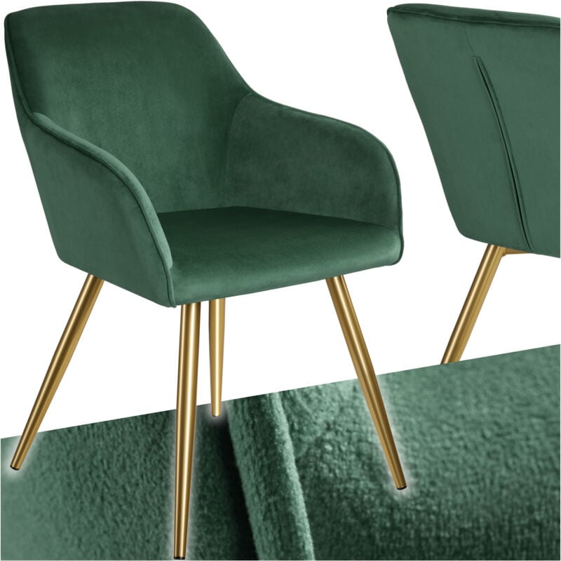 Tectake - Chaise Rembourrée aspect velours Dossier ergonomique vert foncé/or