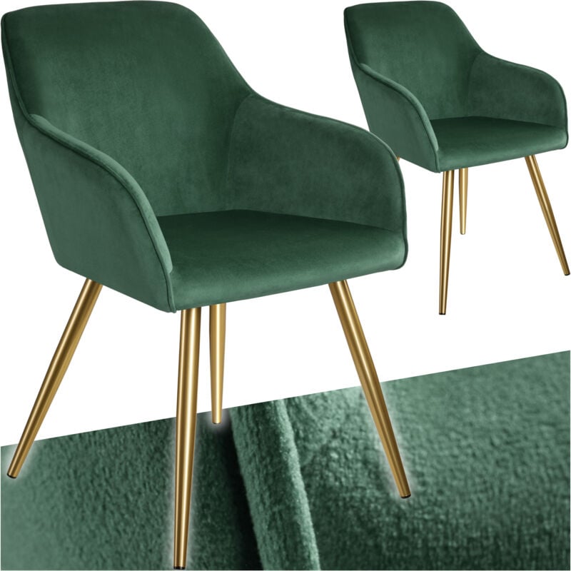 Tectake - Ensemble de 2 chaises rembourrées aspect velours vert foncé/or