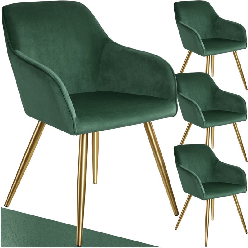 Tectake - Ensemble de 4 chaises rembourrées aspect velours vert foncé/or
