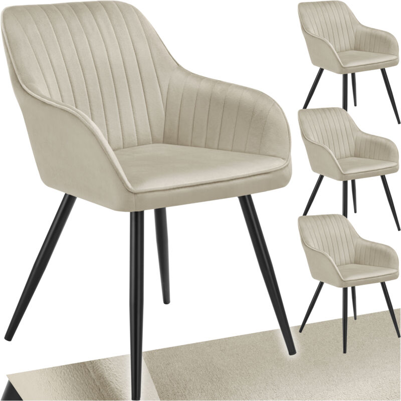 Tectake - Lot 4 chaises de salle à manger en velours matelassées crème