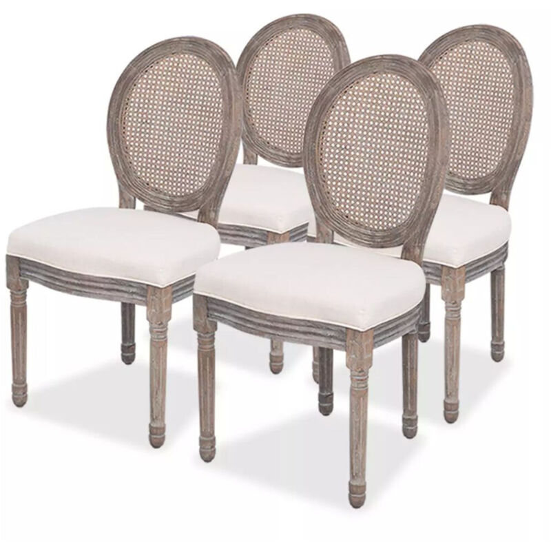Chaise médaillon lin beige et dossier en rotin Makin - Lot de 4 Chaise médaillon lin beige et dossier en rotin Makin - Lot de 4