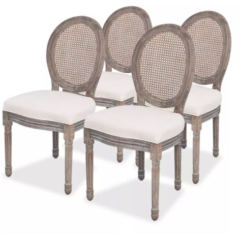 Chaise médaillon lin beige et dossier en rotin Makin - Lot de 4