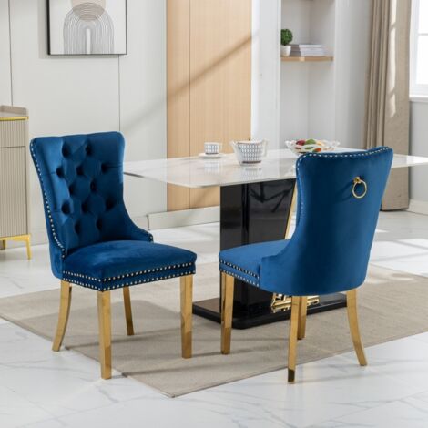 Chaise moderne haut de gamme-capitonné velours bleu-clouté-pieds acier inoxydoré massif-50x47x95cm