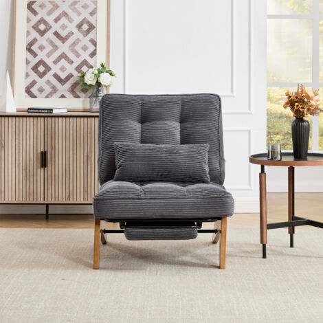 Chaise moderne réglable en tissu - avec pouf et pieds en bois - Velours côtelé - Gris