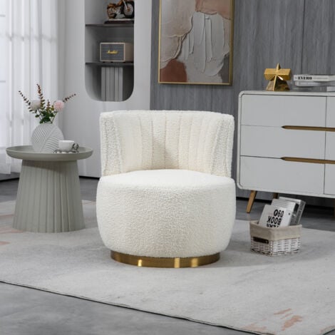 Chaise MODFU, rotation à 360°, fauteuil, chaise pivotante ronde, salon/chambre/bureau, velours teddy, blanc