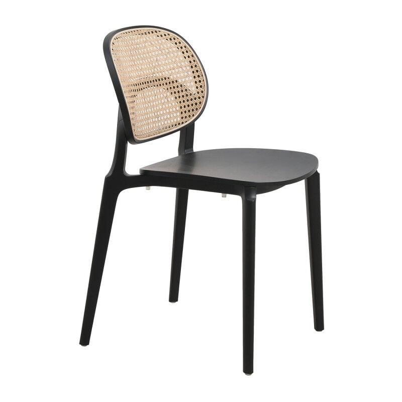Kosmi - Chaise noire, assise bois et cannage naturel