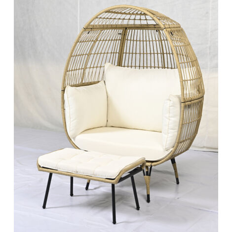 Chaise Œuf avec Ottoman, Fauteuil en Osier 2 Pièces pour Patio avec Coussins Doux, Cadre Métallique & Repose-Pieds, pour Salon, Jardin, Doré